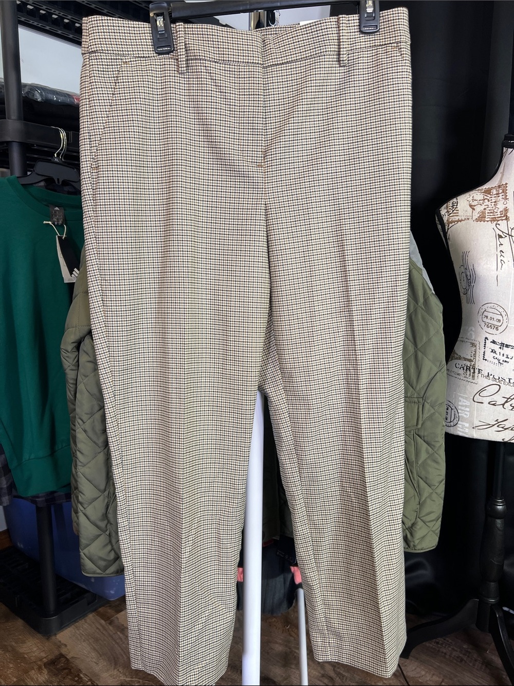 LOFT Beige and Brown Houndstooth Straight-Leg Pants